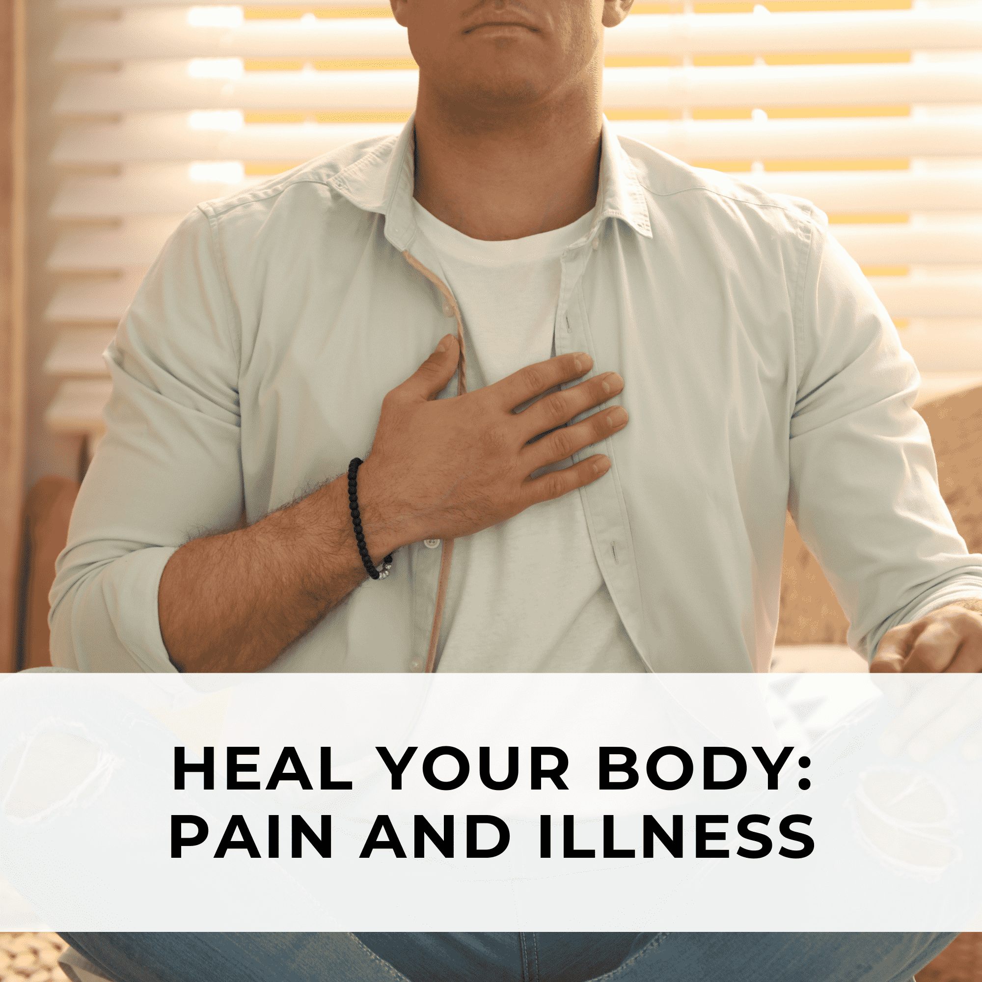 A man in a chair, hands on his chest, conveys a sense of pain or illness, reflecting a moment of physical distress.