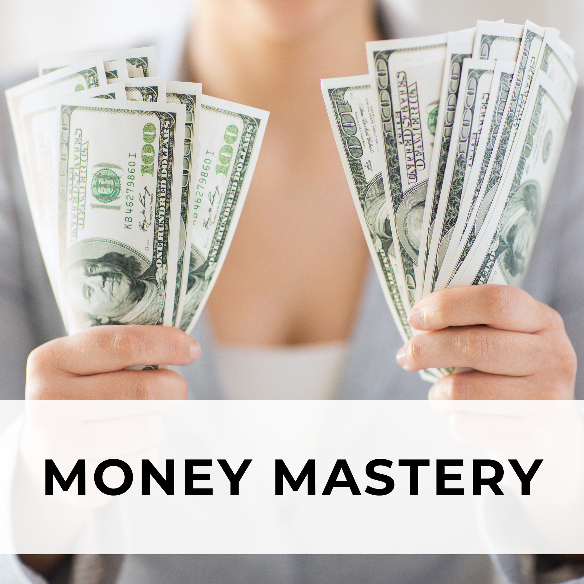 A woman with a cheerful expression, holding two hundred dollar bills, symbolizing wealth and achievement.